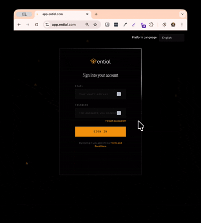 Ential GHL white-label login page — animated rotating border, currency rain background, and branded dark theme